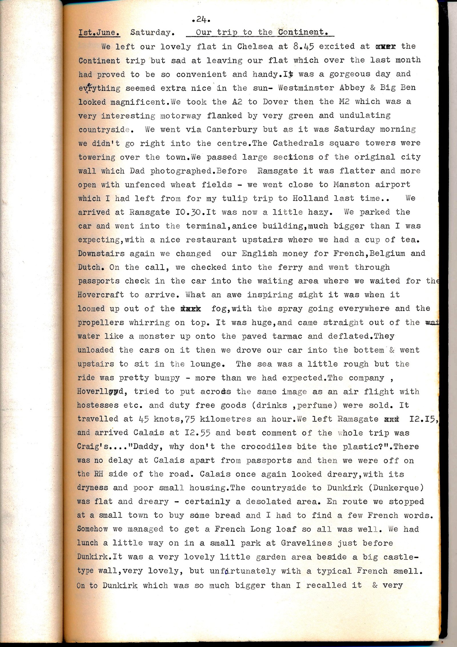 Diary page describing leaving London and the Hovercraft crossing to Calais